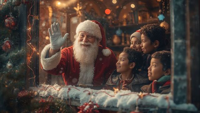 Santa Claus Waving at Joyful Children in Cozy Holiday Cabin