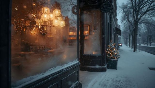Fogged shopfront with warm pendant lights and lit evergreen on snowy urban evening