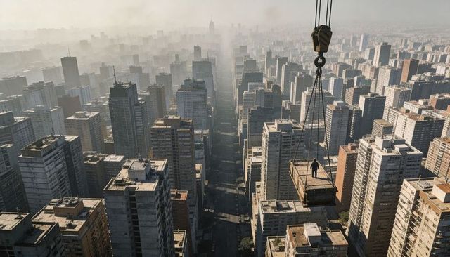 Worker balancing on suspended crane platform above hazy high-rise avenue skyline