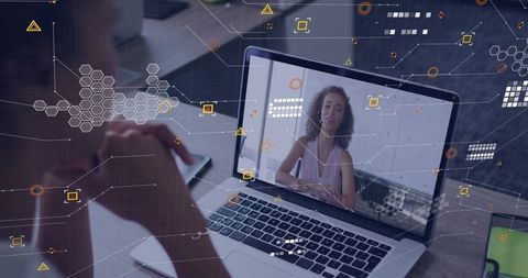 Virtual meeting with woman presenter on laptop and AR overlay for remote collaboration