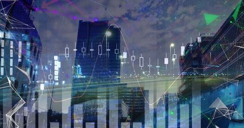Futuristic Finance Technology Overlay on Cityscape
