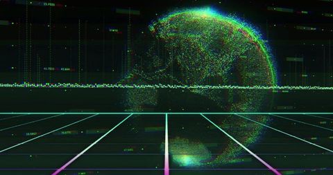 Digital Particle Globe Hovering Over Neon Grid, Glitching Data Waveform and Holographic Synthwave Or