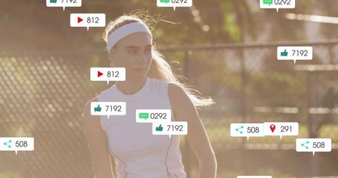 Focused Tennis Player with Social Media Engagement Graphics