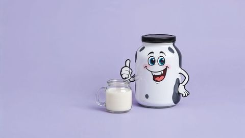Spotted Container and Glass Mug of Milk on Purple Background