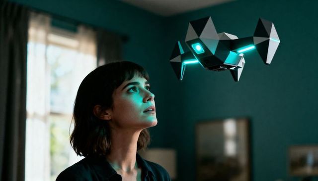 Gazing Woman Observing Hovering Futuristic Drone with Teal LED Lighting in Moody Interior