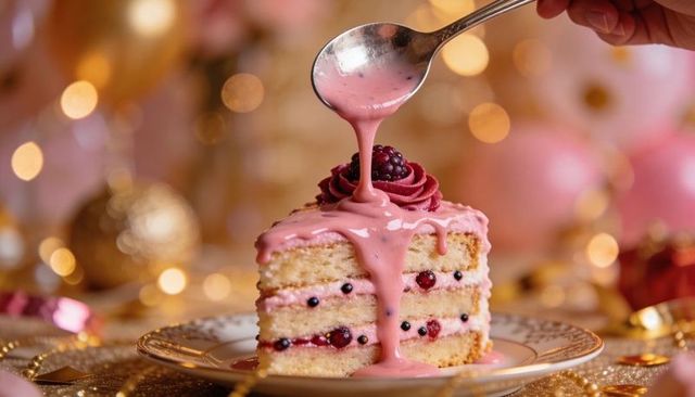 Pouring pink glaze over layered sponge cake with berries and festive gold bokeh lights