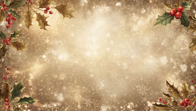 Framing golden holiday bokeh with holly border and vintage snowflakes