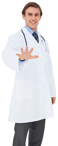 Smiling male doctor with hand raised on transparent background