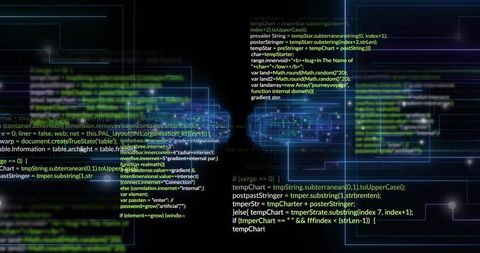 Displaying central cluster of glowing panels and bright code on dark digital grid network