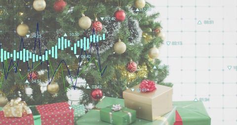 Holiday market analytics overlaying decorated christmas tree with wrapped gifts and baubles