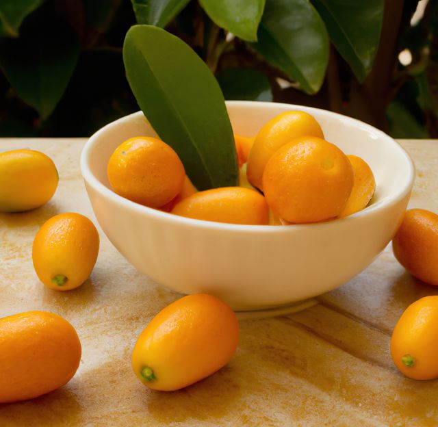 Close up of kumquats in bowl created using generative ai technology. Fruits, nutrition and food concept, digitally generated image.