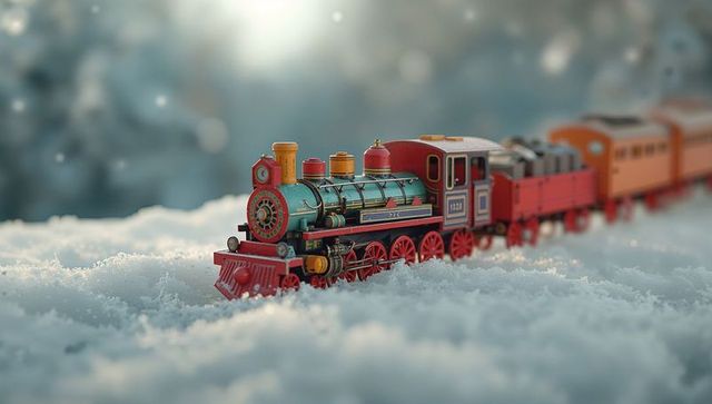 Vintage toy steam train on snow with sparkling bokeh background