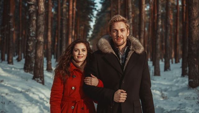 Happy Couple Walking in Magical Winter Forest at Sunset