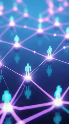 Zooming vertical video through neon avatar network, pulsing nodes highlighting glowing links