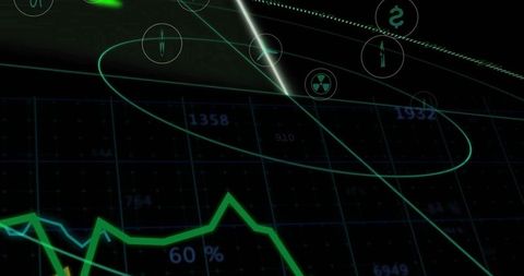Neon HUD Trajectory Analytics Showing Orbital Paths, Line Charts, Icon Markers, 60%