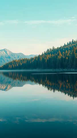 Mirroring Snowy Peak and Fir Ridge Over Calm Alpine Lake Vertical Nature Video