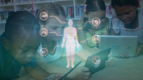 Children Using Tablets with Futuristic Digital Interface Overlay