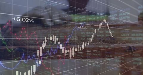 Financial Data Overlay on Office Desk with Visible Growth Chart