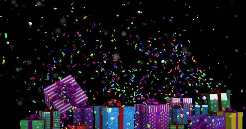 Festive confetti falling over colorful christmas presents