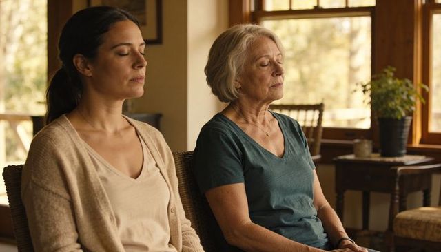Mother and daughter meditating together in sunlit living room for mindfulness and calm