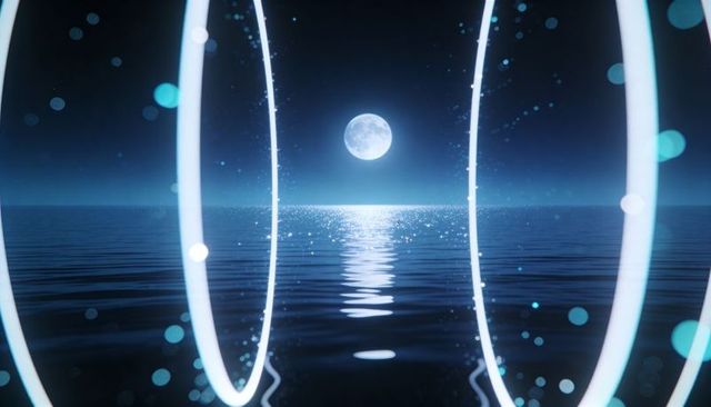 Glowing oval rings framing full moon reflection over calm ocean night, futuristic seascape