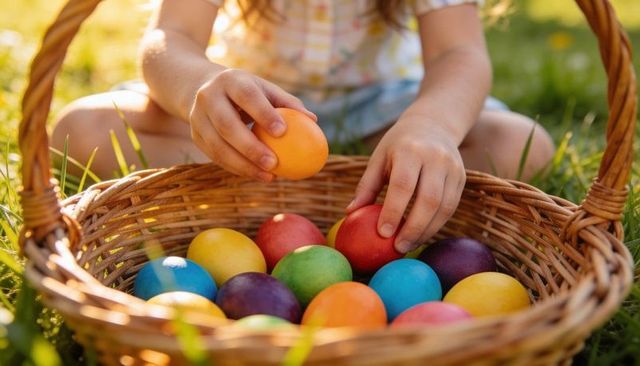 Child picking colorful dyed easter eggs from wicker basket on sunny grass closeup, spring morning