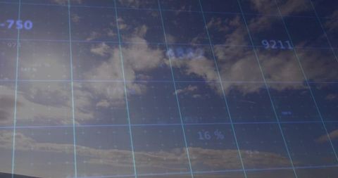Futuristic Grid with Sky Backdrop and Dynamic Data Overlay