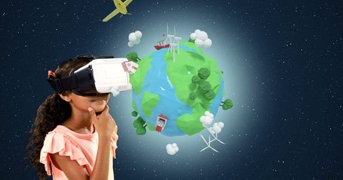 Girl Experiencing Virtual Reality with Imaginary World