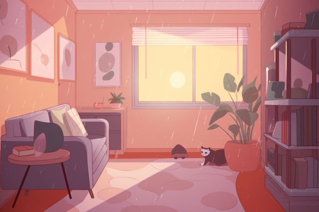 Depicts a cozy living room with warm lighting during a rainy sunset. Cat and hedgehog are near window, adding a touch of domestic charm. Ideal for themes of comfort, relaxation, cozy home interiors, and peaceful natural light. Perfect for use in lifestyle blogs, home decor websites, and promotional materials for interior designers.