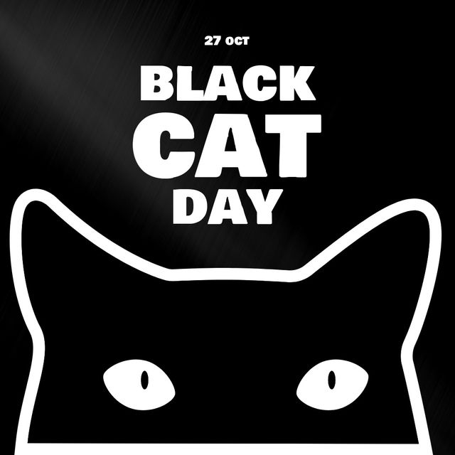Image of black cat day over cat contour on black background. Animals, pets and cat day concept.