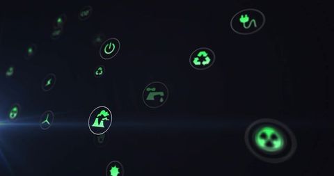 Neon green floating sustainability icons in futuristic dark digital interface