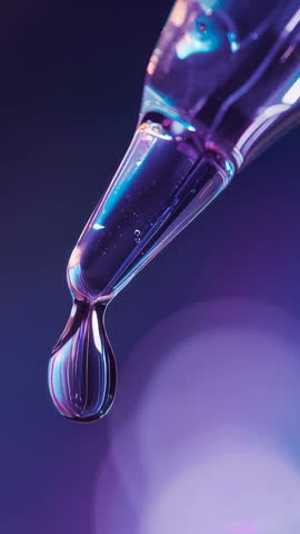 Macro vertical video pipette releasing clear droplet with purple blue bokeh lighting