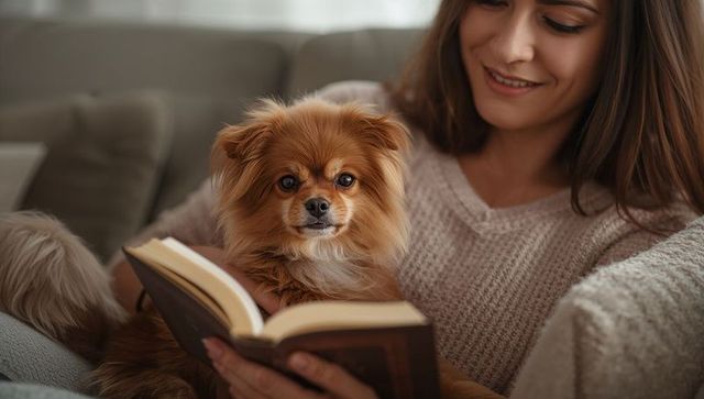 Reading woman holding small brown dog on sofa creating cozy home bonding moment
