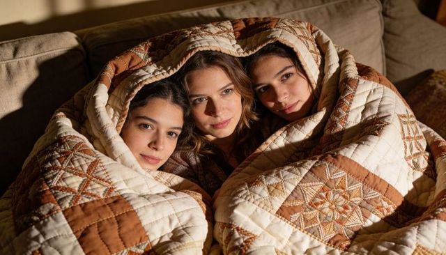 Three women snuggling under patchwork quilt on sofa embracing warm cozy night together