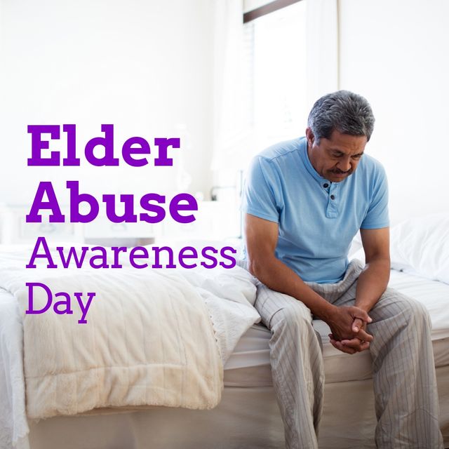 Digital composite image of world elder abuse awareness day with sad hispanic man sitting on bed. loneliness, sadness and awareness concept.