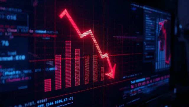 Falling stock market graph with red downward arrow