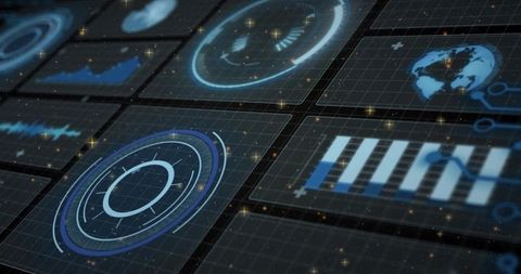 Displaying Futuristic Holographic Data Dashboard with HUD Rings, Charts and Global Map