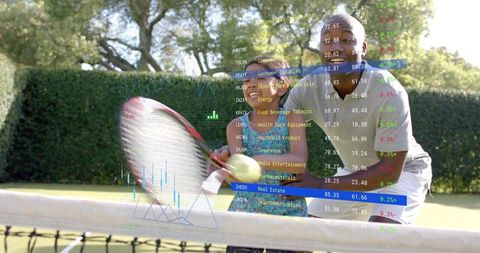 Tennis coaching scene showing male coach guiding girl hitting ball with analytics overlay