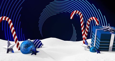 Festive blue gift and candy canes on snow with neon arcs holiday background
