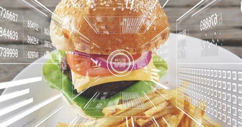 Augmented reality burger with hud overlays and fries for food tech advertising