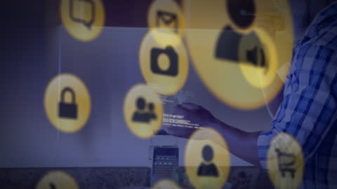 Digital Communication Icons Overlay with Senior Man