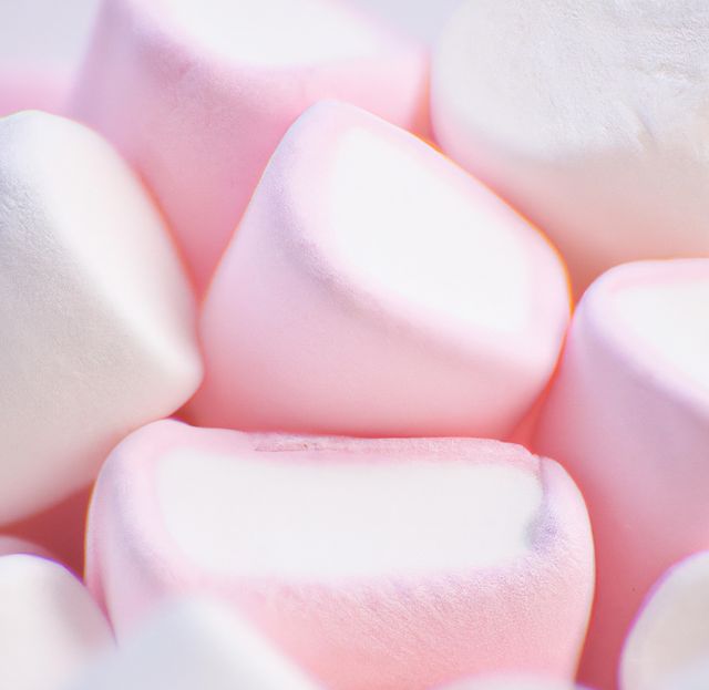 Close up of multiple pink marshmallows lying on pink background. Sweets, food and drink concept.