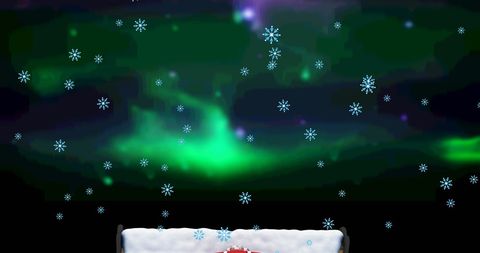 Snow Falling Over Bench Against Northern Lights Background