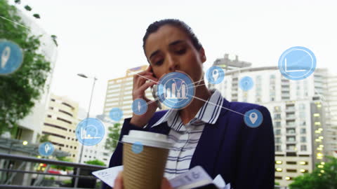 Businesswoman Using Smartphone with Virtual Network Overlay