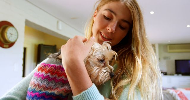 Young Woman Petting Cute Small Dog in Cozy Home Environment - Download Free Stock Images Pikwizard.com