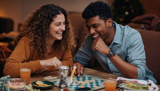 Couple laughing while playing board game during cozy home game night