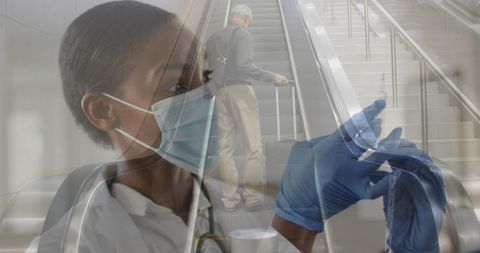 Healthcare worker and senior citizen with covid-19 pandemic symbolism