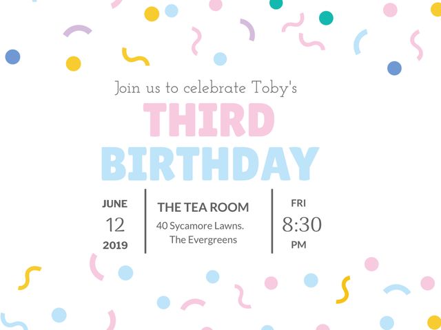 Ideal for kids birthday party celebration. Can be used for social media posts, event planning, and personalized party invites. Designed to evoke joy and festivity with colorful confetti design.