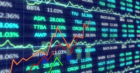 Neon stock market line charts and ticker percentages on futuristic trading dashboard screen