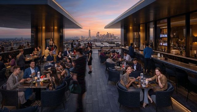 Upscale rooftop bar dining at sunset with urban skyline, elegant cocktails, terrace nightlife